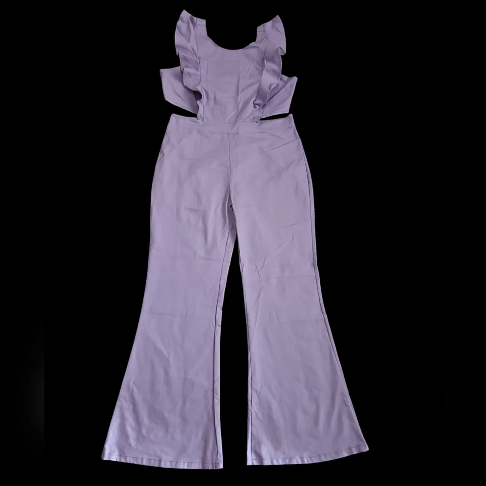 Women's Flutter Ruffle Trim Cutout Waist Jumpsuit Lavender